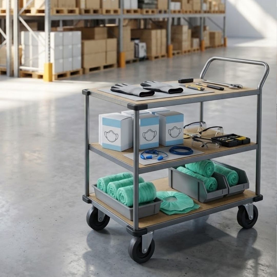 Heavy-duty material handling cart in warehouse aisle