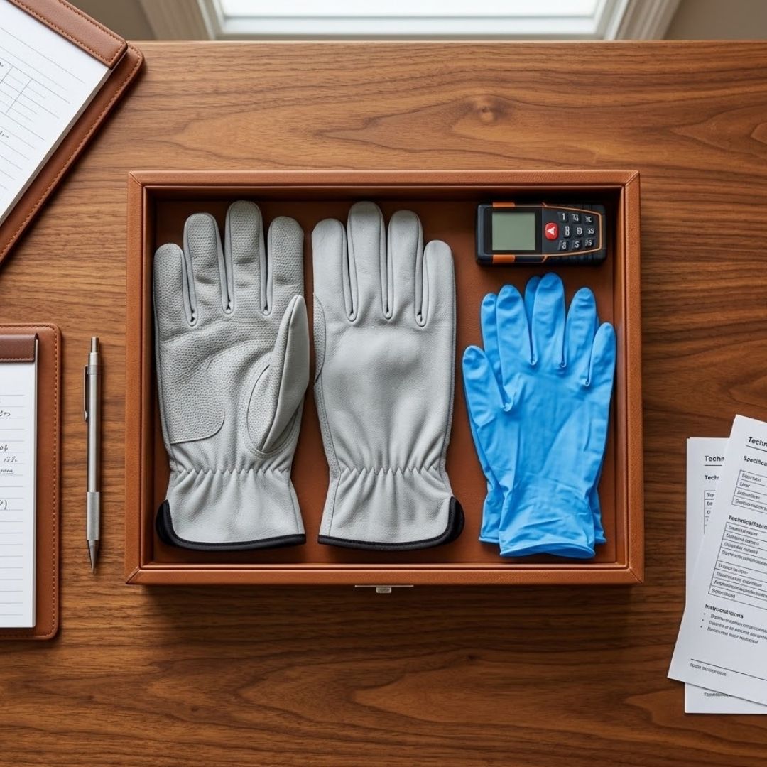 Curated box of specialized office supplies and branded safety gloves