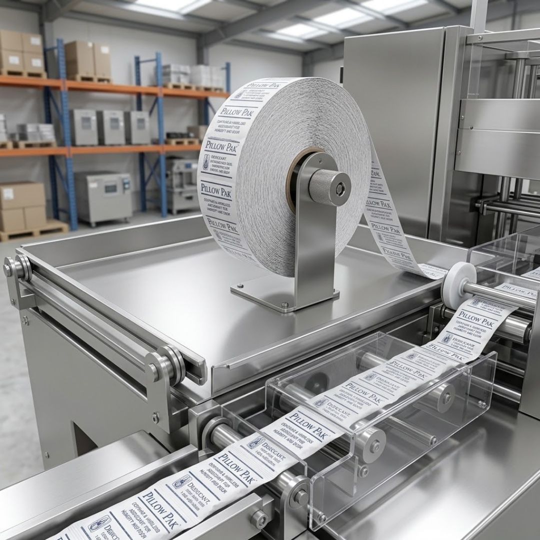 Continuous strip of desiccant pillow paks on machinery