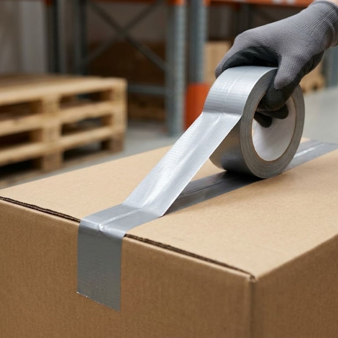 Close-up of rugged silver duct tape being applied to a cardboard box in an industrial setting.