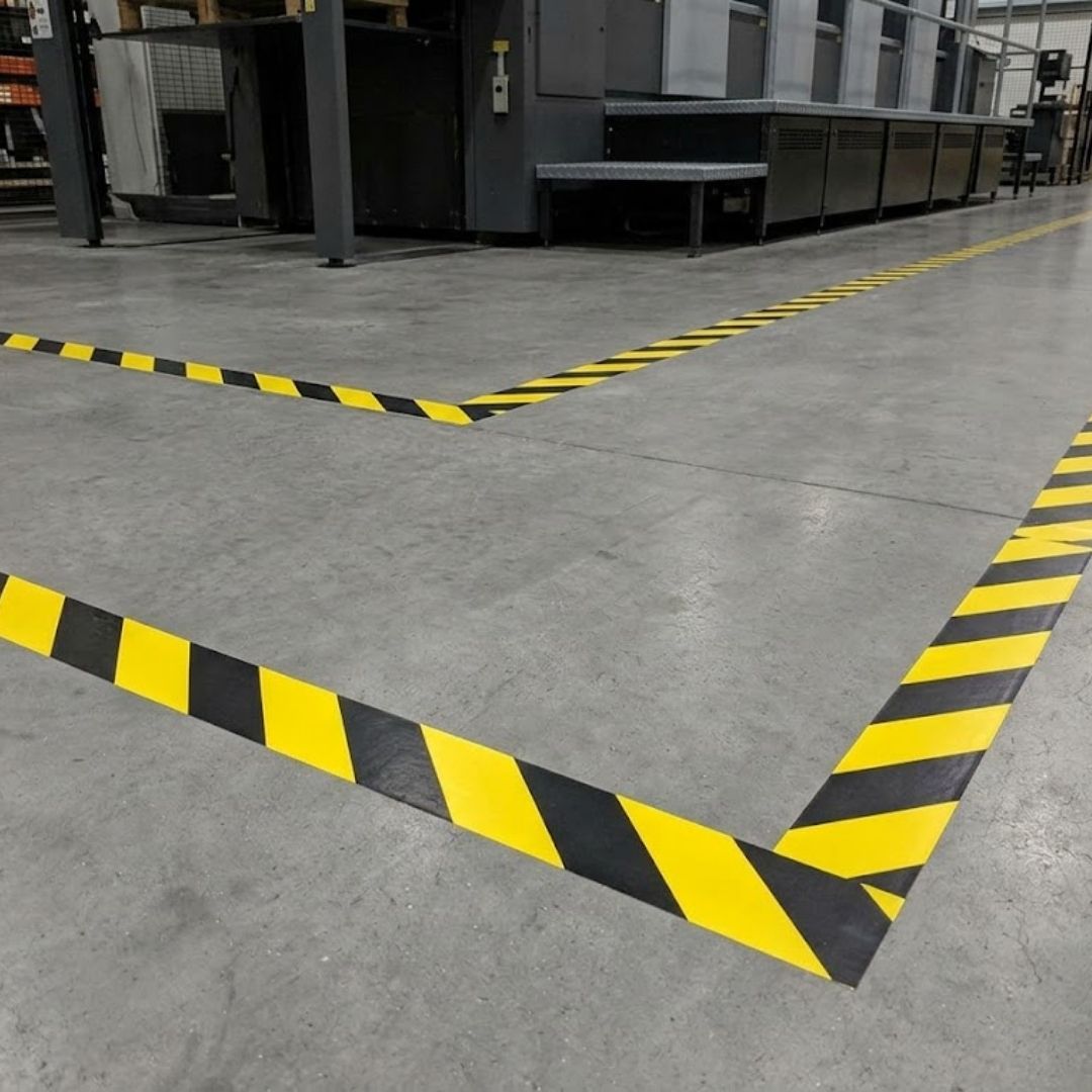 High-visibility yellow and black diagonal safety tape defining a hazard zone on a concrete factory floor.