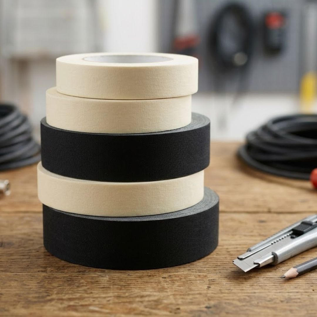 Rolls of generic cloth gaffers tape and crepe paper masking tape on a production workbench.