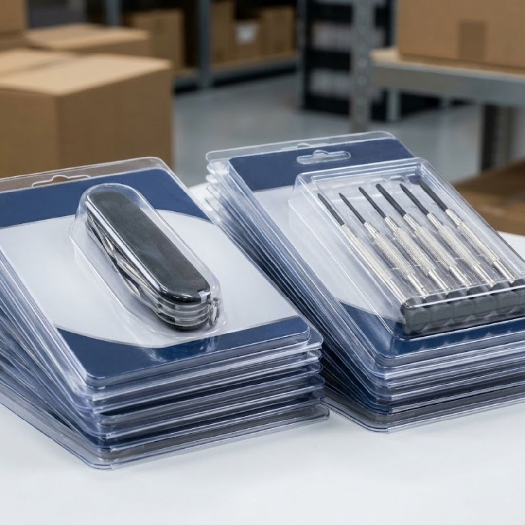 A close-up photograph of two professional-grade retail blister cards, one containing a multi-tool and the other precision screwdrivers, showcasing the secure, tamper-resistant clear plastic bubble sealed to the sturdy backing card.