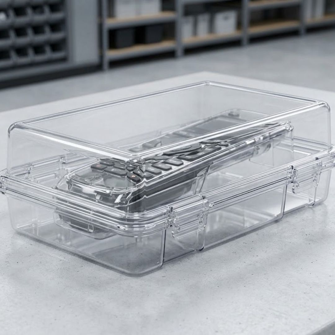 A high-quality photograph focusing on a completely transparent, durable plastic clamshell container enclosing a complex electronic remote control, highlighting its secure snap-closure mechanism and excellent product visibility.