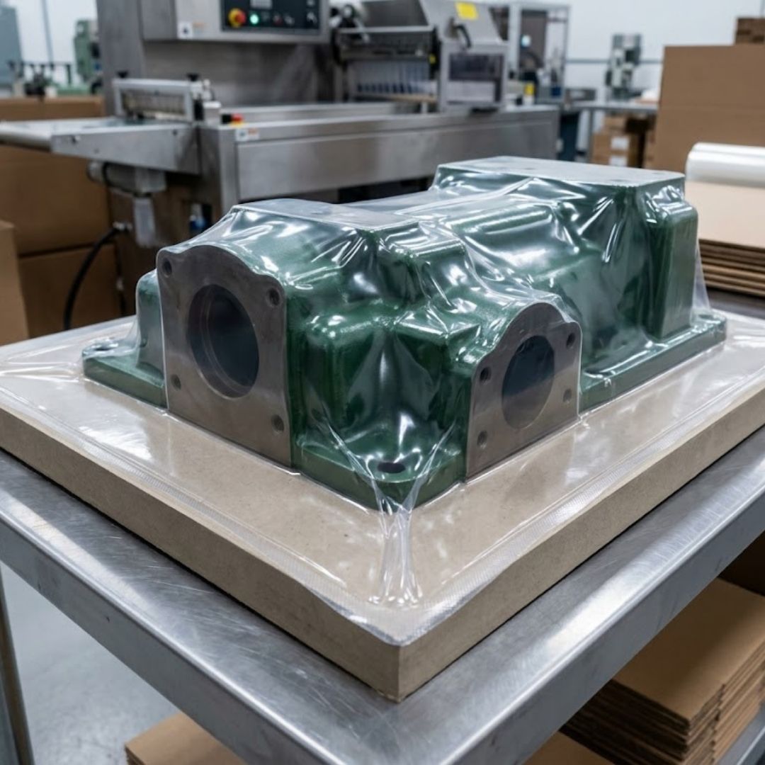A detailed industrial photograph showing a complex metal machine part tightly vacuum-sealed with clear skin packaging film to a robust backing board, emphasizing conforming protection for manufacturing components.