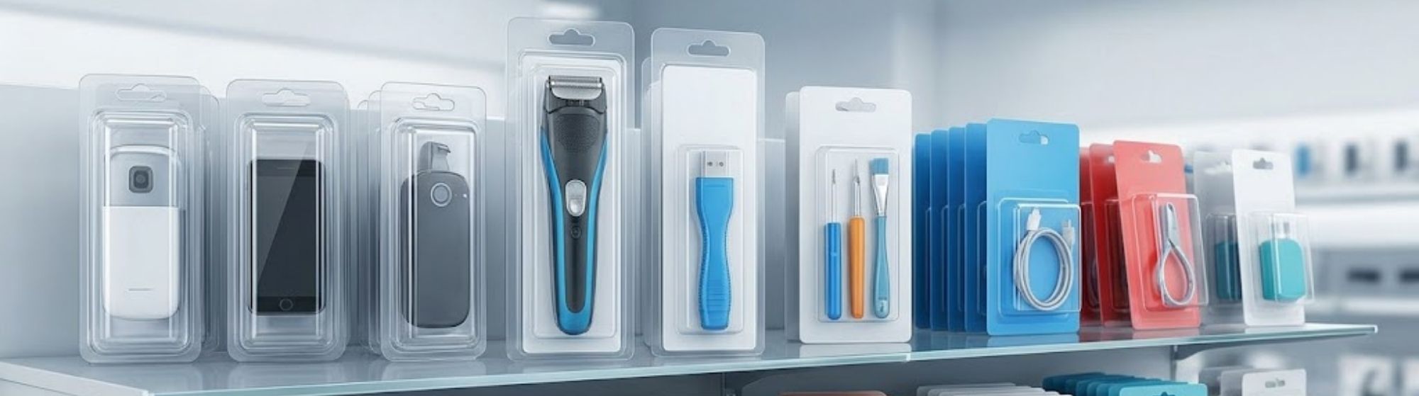 A wide-angle professional photograph of various consumer goods displayed on retail shelves, showcasing multiple types of visual packaging solutions including clear clamshells, blister cards, and skin packaging, all emphasizing product visibility and security.