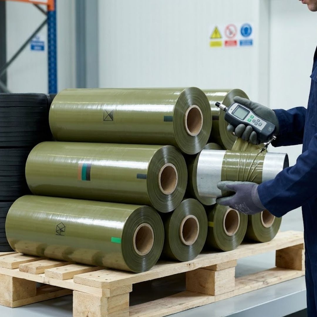 worker using shrink wrap and radio multitasking