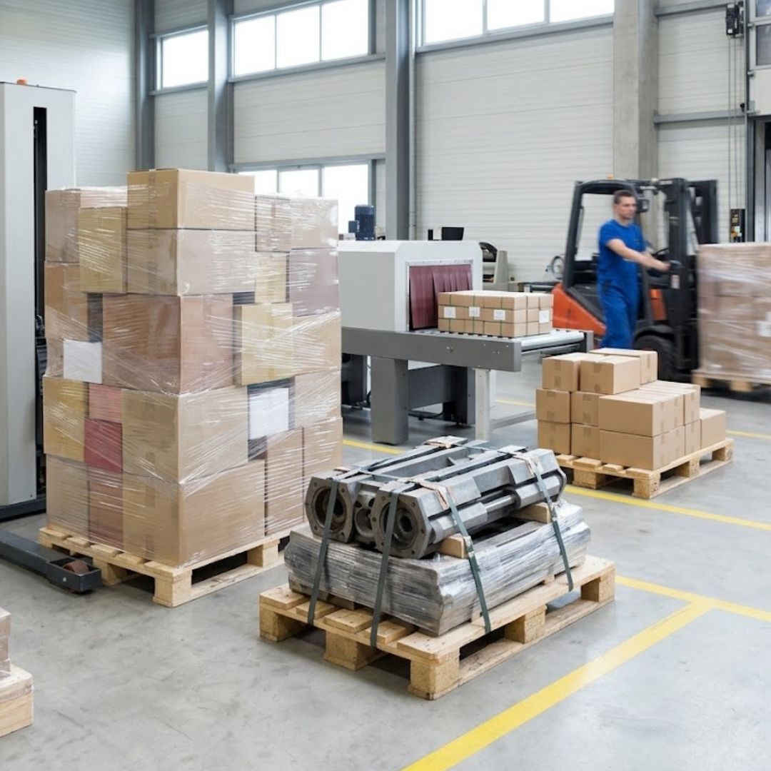 factory setting of many boxes and shrink wrap process